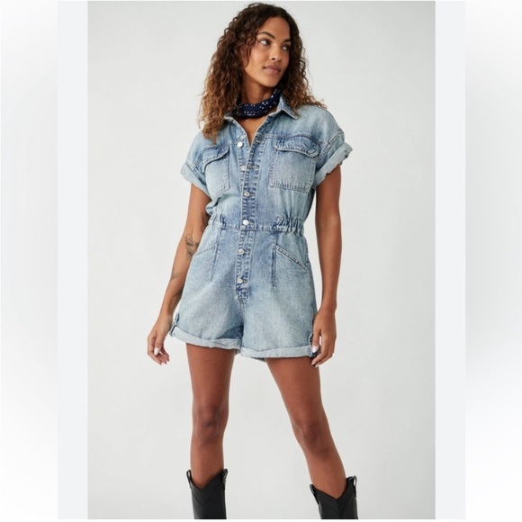 Free People Marci Denim Romper - Picture 2 of 6